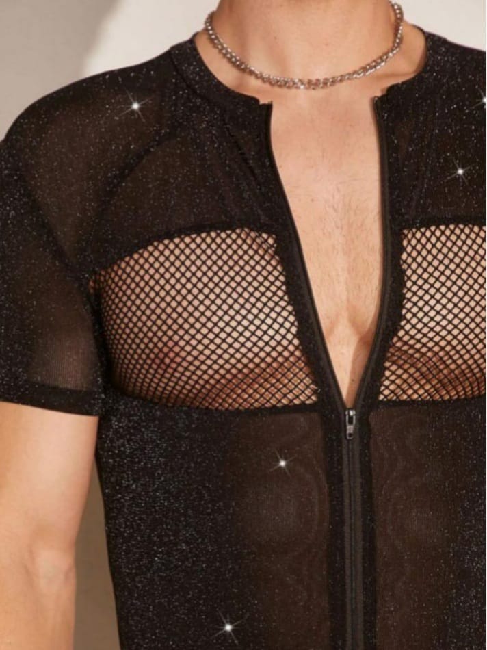 Men's Rhinestone Mesh Sheer V-Neck Zipper Collar Lounge Romper